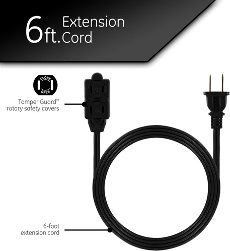 Vista 2 de GE - Cable de extensión, tira de alimentación, punta, calibre, tapas de toma de corriente de seguridad de giro a cierre, clasificación