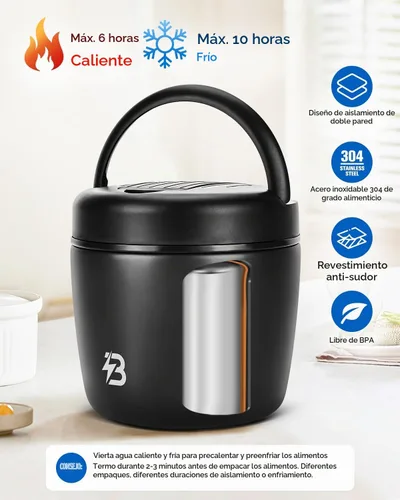 Vista 2 de Termo para comida caliente para adultos, termo de sopa de boca ancha de 40 onzas con cuchara, color negro