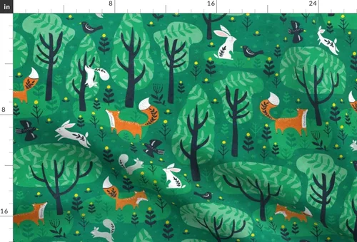 Vista 3 de Spoonflower Tela - Zorros esmeralda verde bosque, conejitos del bosque, animales lindos para niños, zorro impreso en tela de gasa, cuarto gordo