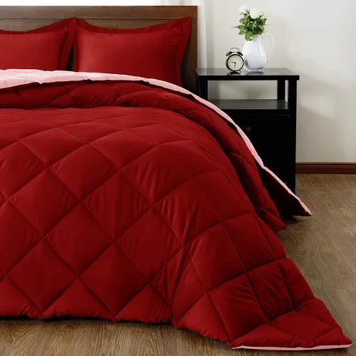 Vista 2 de Juego de edredón reversible alternativo de 5 piezas (rojo/rosa, Queen (88 x 88 pulgadas), 1 edredón con 4 fundas de almohada, algodón suave, 1000