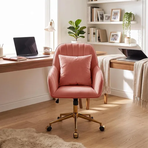 Vista 2 de Silla de escritorio para oficina en casa, cómoda con ruedas giratorias ajustables, moderna silla de tocador de maquillaje de terciopelo con respaldo