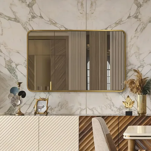 Vista 59 de Espejo de latón para baño, espejo rectangular redondeado de 22x30 pulgadas con marco de metal cepillado dorado, espejo de tocador de baño sin