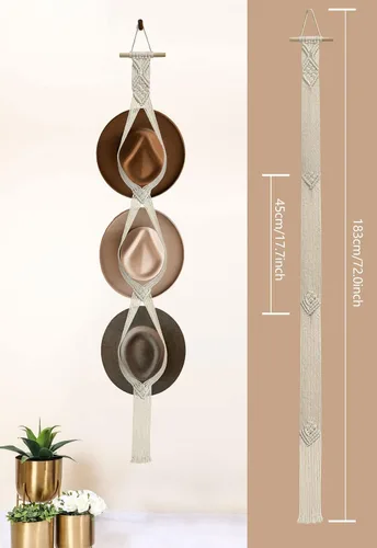 Vista 3 de Organizador de sombreros de macramé para pared, colgadores bohemios para colgar en la pared, tejido a mano, organizador decorativo para sombreros