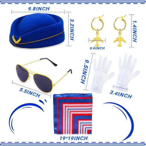 Vista 4 de LaVenty Accesorios de disfraz de azafata para mujer, accesorios de disfraz de azafata, sombrero, aretes, gafas de sol, bufanda, guantes