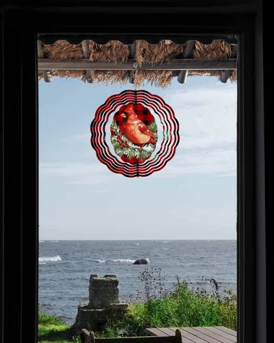 Vista 4 de Molinillos de viento para patio y jardín, cardenales rojos, pájaro, esculturas de viento de metal 3D y molinillos colgantes, color rojo y negro, a