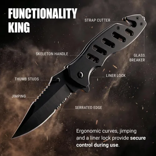 Vista 3 de Cuchillo táctico legal para hombres y mujeres - Hoja serrada de 2.68 pulgadas - Pequeños cuchillos de bolsillo negros con rompecristales y cortador