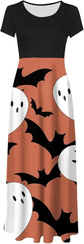 Vista 3 de Vestido de Halloween para mujer, diseño de calabaza, murciélago, fantasma, vestido retro de araña, vestido de manga corta hasta el suelo