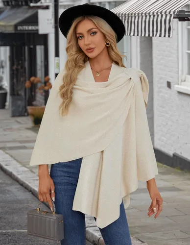 Vista 5 de PULI Suéter tipo poncho para mujer con frente cruzado grande y elegante capa de punto para otoño e invierno