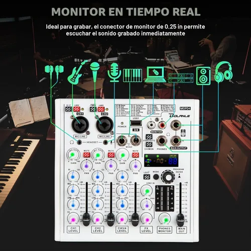 Vista 5 de Bolanle Mezclador de audio profesional de 4 canales con tarjeta de sonido integrada y función de grabación, interfaz de audio USB/Bluetooth