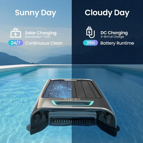 Vista 2 de AIPER Surfer S2 Robot de Limpieza de Superficie de Piscina con Energía Solar con Soporte de APP, Limpieza Continua 24/7, Modos de Carga Dual, Gris