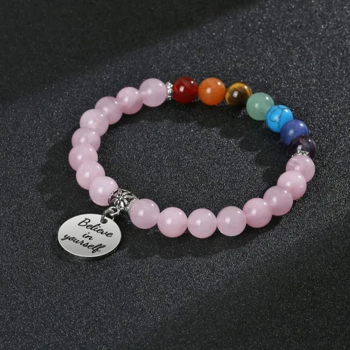 Vista 2 de Jovivi - Pulsera de 7 chakras con piedras preciosas naturales, cuentas de yoga, cristales curativos reiki, cuentas elásticas con abalorio inspirador