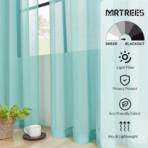 Vista 2 de MRTREES Cortinas transparentes de Aqua Blue, para cocina, de 36 pulgadas de longitud, cortinas transparentes de gasa con filtro de luz, cortinas