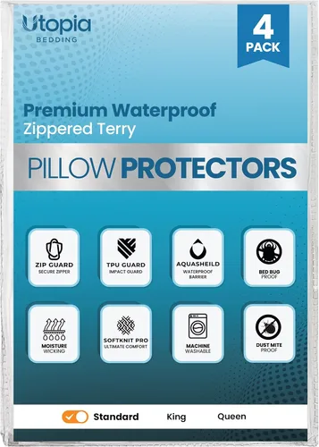 Vista 9 de Utopia Bedding Juego de 4 protectores de almohada impermeables con cremallera tamaño estándar, fundas de almohada de rizo, fundas de almohada a