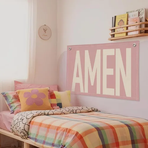 Vista 6 de Rosa "AMEN" Arte de Pared 20x30 Pulgadas - Decoración Cristiana Coquette, Colgante para Dormitorio de Niñas, Bandera de Oración de Lino, Letrero