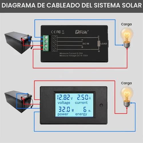 Vista 3 de Polímetro digital de DROK, DC 6.5-100 V, 100 A, medidor de voltaje, amperaje, potencia, pantalla digital LCD para medir la corriente, 1