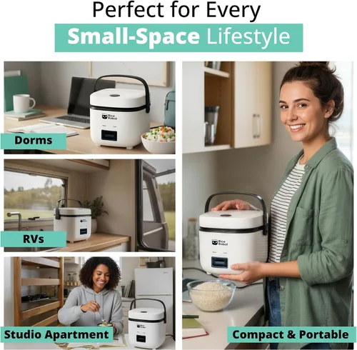 Vista 3 de Rice Robot - Arrocera personal, sin PFAS, antiadherente. Capacidad de 1 cuarto, con bandeja de vapor de acero inoxidable, tazas medidoras, libro