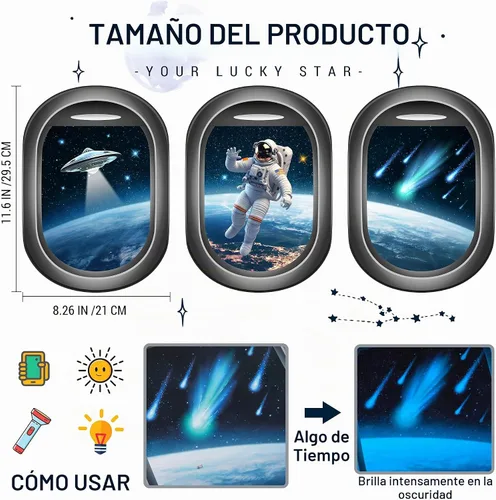 Vista 7 de Calcomanías de pared 3D que brillan en la oscuridad con temática espacial, juego de 3 calcomanías para ventana con temática de galaxia