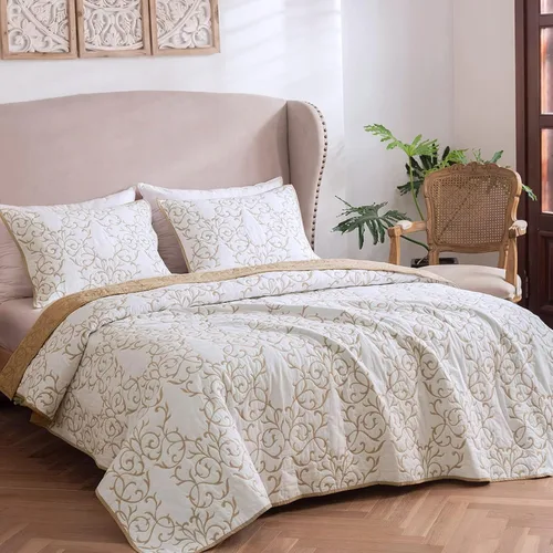 Vista 6 de Mixinni - Juego de colcha reversible de 2 piezas, tamaño individual, color beige, con patrón bordado elegante, juego de edredón y funda de almohada