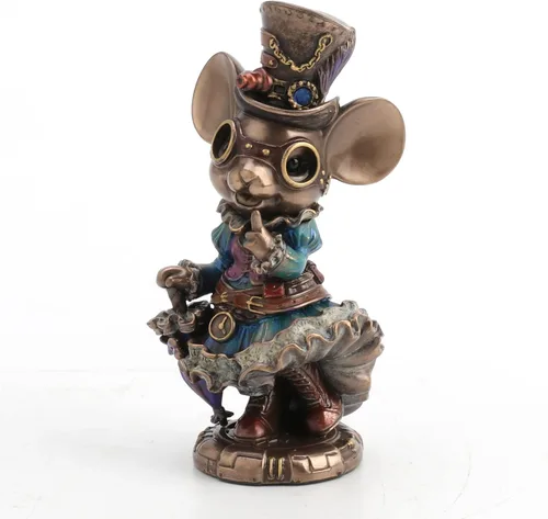 Vista 2 de Veronese Design 5 1/2 Steampunk Lady Mouse con sombrero de copa y sombrilla Animal Figurine Acabado Bronce