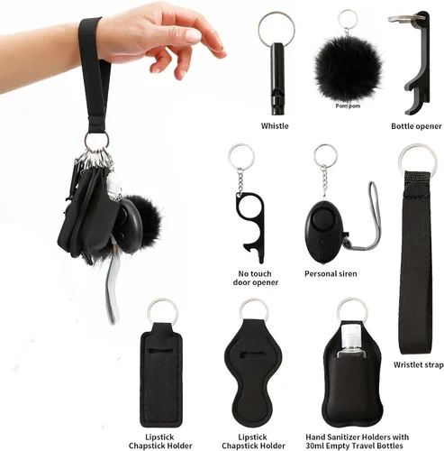 Vista 2 de Tasmtto Juego de llavero de seguridad para mujer llavero de correa de muñeca con alarma personal y kit de accesorios de pompón