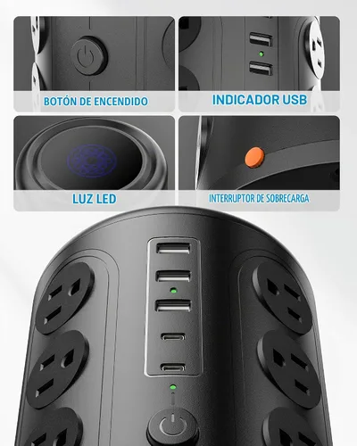 Vista 6 de TenTrend - Regleta de alimentación con protector de sobretensiones, cable de 10 pies, torre de alimentación vertical con 16 tomas de corriente y 5