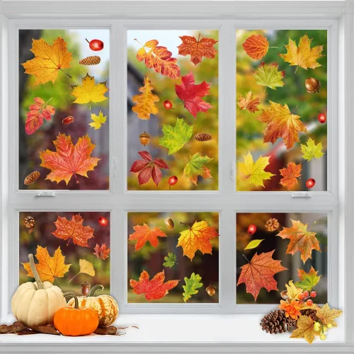 Vista 7 de YUJUN 6 hojas de calcomanías de ventana de otoño de Acción de Gracias, hojas de arce, conos de pino, calcomanías para ventana de vidrio de otoño