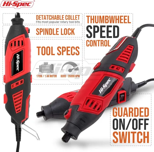 Vista 3 de Hi-Spec Kit de herramientas rotativas eléctricas con cable con brocas compatibles con Dremel. Taladro eléctrico de metal de velocidad variable