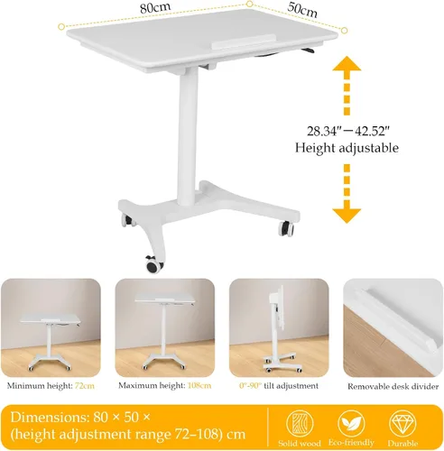 Vista 3 de Pneumatic Laptop Standing Desk Pneumatic Adjustable Height Desk with Wheels 90 Degree Tiltable for Home Office Classroom
