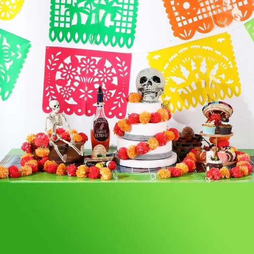 Vista 5 de Preboun Mantel de plástico mexicano y pancarta de papel picado mexicano, suministros de decoración de fiesta para mesas rectangulares, carnaval