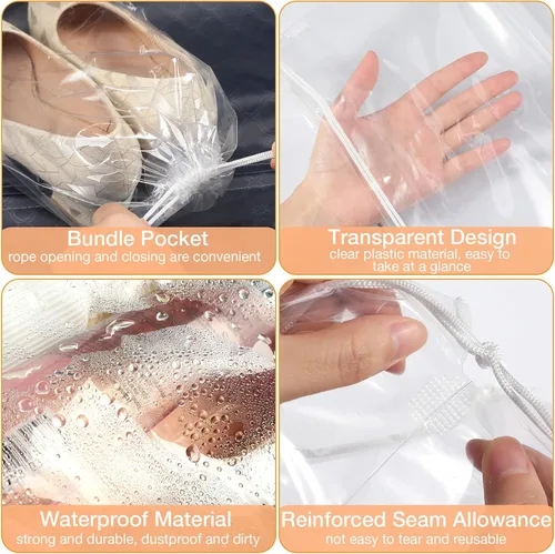 Vista 3 de Paquete de 100 bolsas de zapatos para viajes de 10 x 14 pulgadas, grandes bolsas transparentes para zapatos, bolsas transparentes con cordón, bolsas