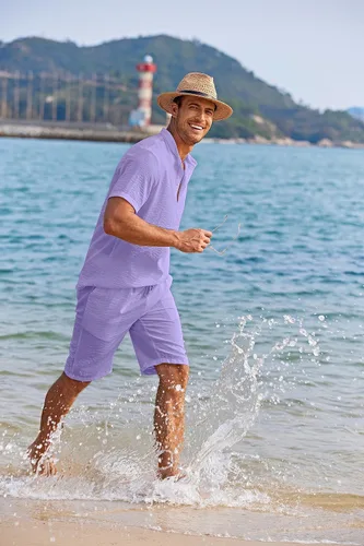 Vista 2 de COOFANDY Conjunto de 2 piezas de lino para hombre, camisas Henley casuales de manga corta, pantalones cortos de yoga para la playa, pantalones