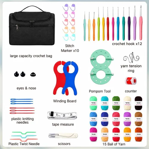 Vista 2 de Juegos de ganchillo Yarniss con hilo, 1120 yardas de carretes de hilo de ganchillo suave, 10 tamaños de ganchos de ganchillo ergonómicos con bolsa