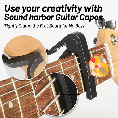Vista 6 de Cejilla de guitarra, cejilla negra, soporte para púas en la cejilla para guitarra acústica y eléctrica, ukulele, mandolina, banjo (negro)