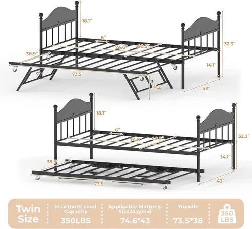 Vista 3 de IDEALHOUSE Sofá cama individual de metal con nido desplegable, cama de plataforma de listones de acero resistente con cabecera elegante, marco
