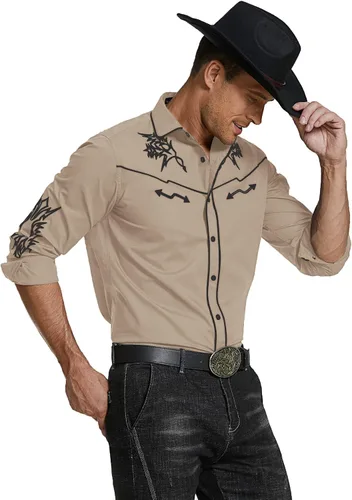 Vista 5 de COOFANDY Camisa vaquera occidental para hombre, camisa bordada de manga larga, ajustada, de algodón, casual, con botones