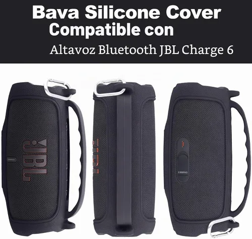 Vista 4 de Funda de silicona compatible con JBL Charge 5 Altavoz Bluetooth portátil impermeable (Cubierta de silicona negra)