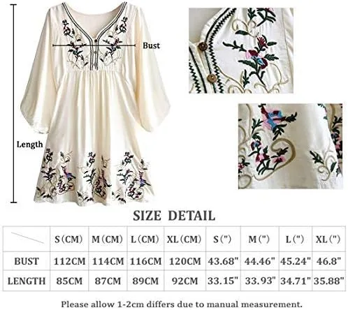 Vista 6 de Futurino - Mini vestido con bordado bohemio túnica floral holgada para mujer