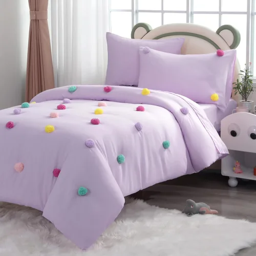 Vista 2 de HOMBYS - Juego de colcha con pompones para niñas, 5 piezas, estilo bohemio, para todas las estaciones, tamaño individual/individual XL, color púrpura