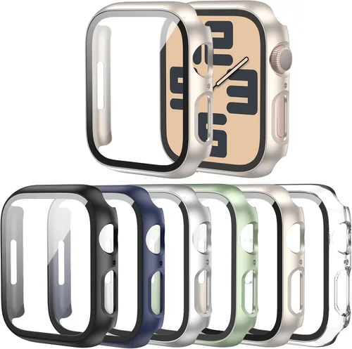 Vista 10 de Paquete de 6 fundas para Apple Watch Series 9, Series 8, Series 7 de 1.61 pulgadas, funda con protector de pantalla de vidrio templado incorporado