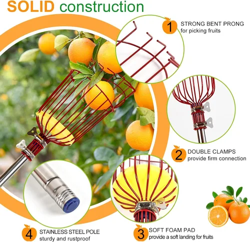 Vista 5 de Herramienta de poste para recoger frutas con cesta anti-caída estable, poste de acero inoxidable de 13 pies para manzana, recolección de mango