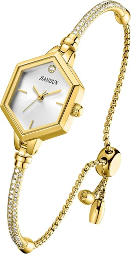 Vista 5 de Reloj de mujer JIANDUN pequeño hexagonal dorado, reloj de pulsera de diamante con acento, impermeable y elegante Negro dorado
