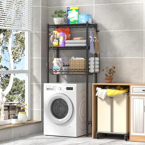 Vista 7 de Hodonas Estante de almacenamiento sobre el inodoro, organizador de baño ajustable con soporte para papel higiénico y 8 ganchos, 3 niveles de metal