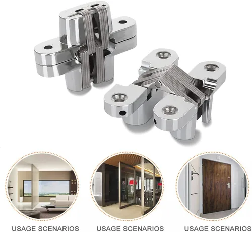Vista 6 de Paquete de 2 bisagras ocultas invisibles de 1.77 pulgadas, bisagras cruzadas ocultas invisibles de 180 grados para puerta, cruz de aleación de zinc