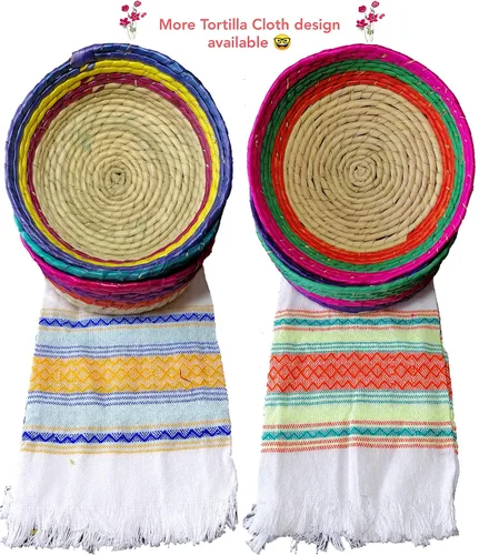 Vista 9 de Jacq & Jürgen - Cestas de palma tejidas a mano, paquete de 3 unidades, multicolor, paquete de tamaño mediano, tortillero mexicano tradicional