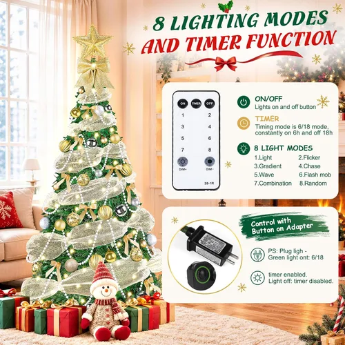 Vista 3 de FUSPWEAO 6FT Pre-Lit Pop Up Christmas Tree with Lights for Holiday Decor Pre-Decorated Collapsible Tree with Ribbon, Pearl Chain, Bows, Ball