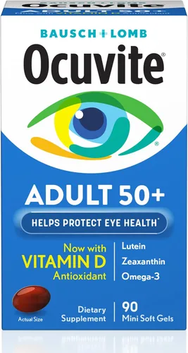 Vista 3 de Ocuvite Adultos Más de 50 Vitaminas y Suplementos Minerales para la Salud Ocular con Luteína, Zeaxantina y Omega-3, 90 geles blandos (paquete de 2)