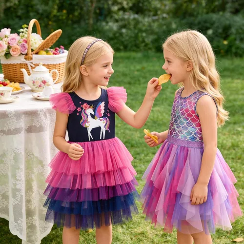 Vista 2 de DXTON Toddler Girls Tutu Dress: Cotton Bodice Layered Tulle Skirt, Mermaid Sparkle Birthday Party Dress for Kids 3–8 Years