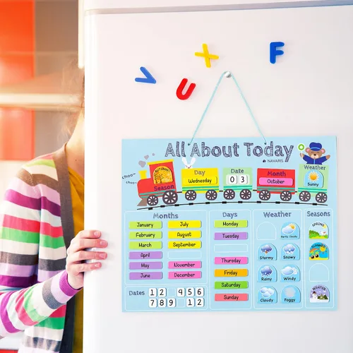 Vista 2 de Navaris Calendario magnético para niños, gráfico magnético de aprendizaje diario con clima, fecha, mes, día, temporada para niños, diseño de tren