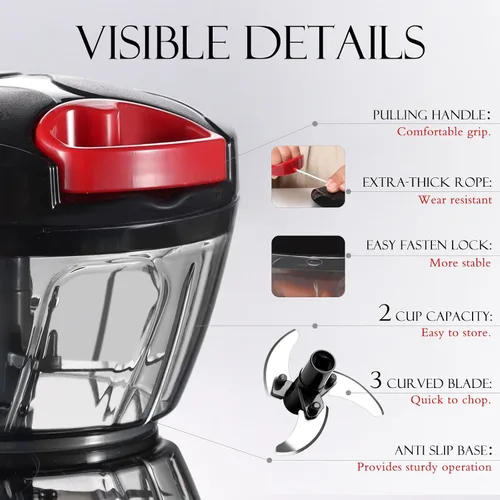 Vista 3 de Ourokhome Procesado manual de alimentos, picador de verduras portátil, rápido y con cuerda, para pequeñas cocinas, para ajo, cebolla, jengibre