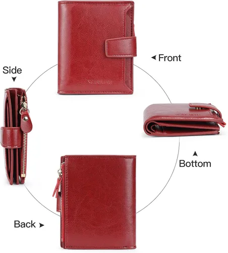 Vista 5 de Billeteras de cuero para mujer, con bloqueo RFID, pequeña, plegable, con cremallera, bolsillo para tarjetas, con ventana de identificación.., Rojo